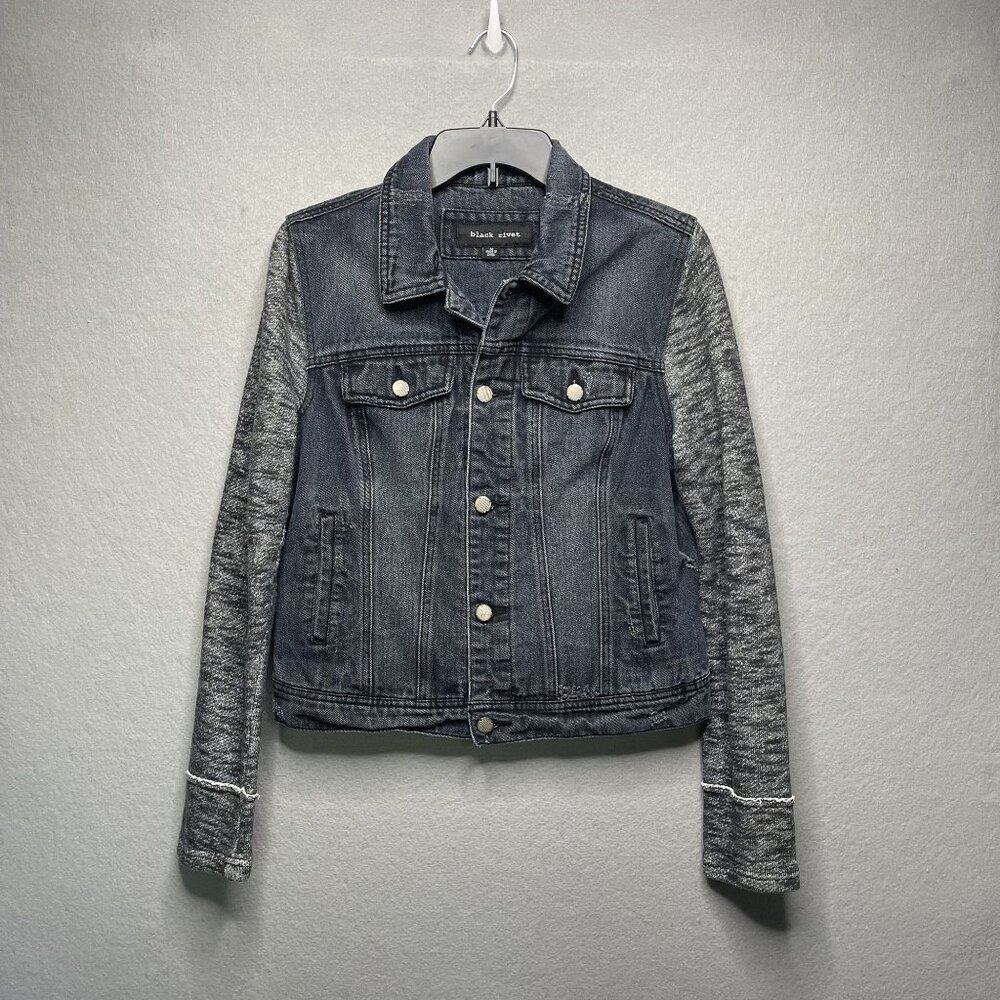 Black Rivet Denim Jacket With Knit Sleeves Medium